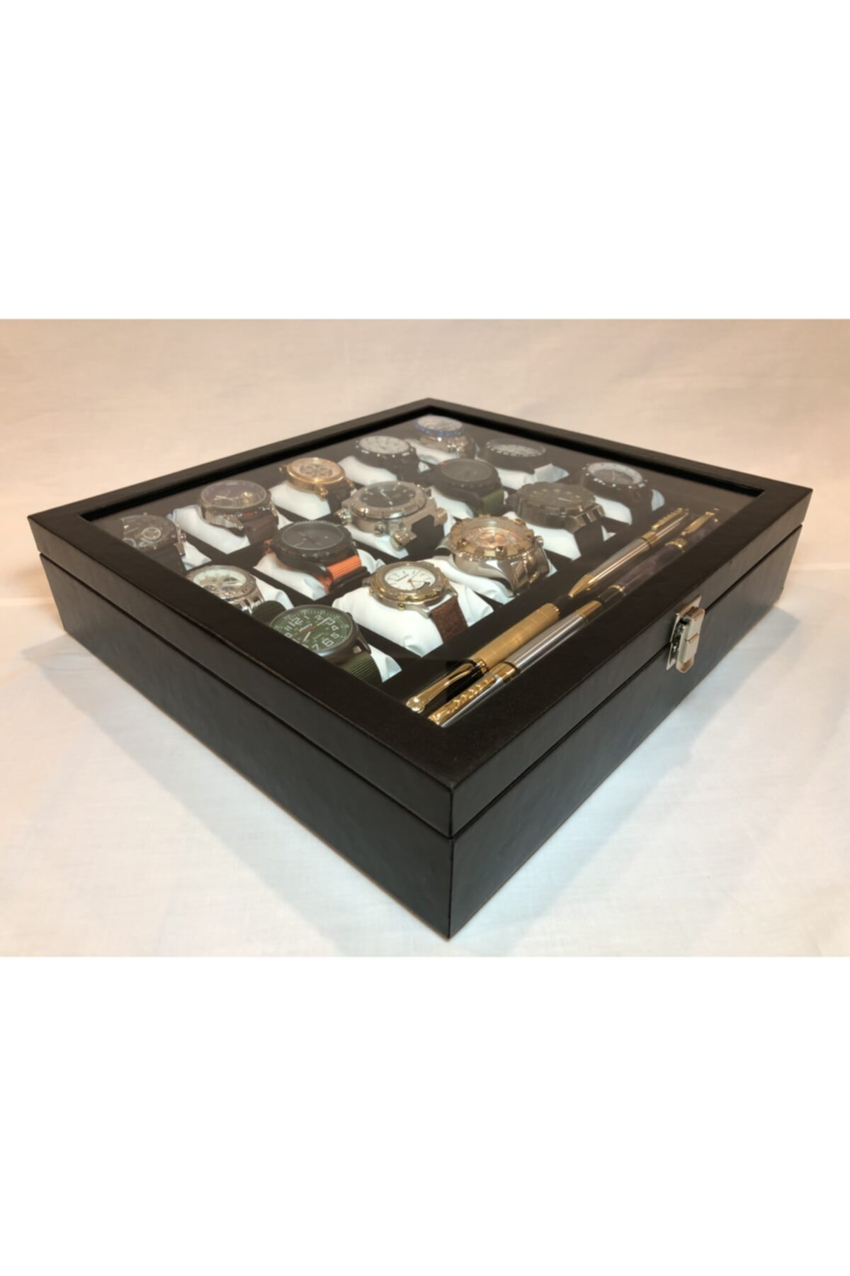 15 Bölmeli Deri Görünümlü Cam Kapklı Kol Saati Bileklik Kolye Yüz