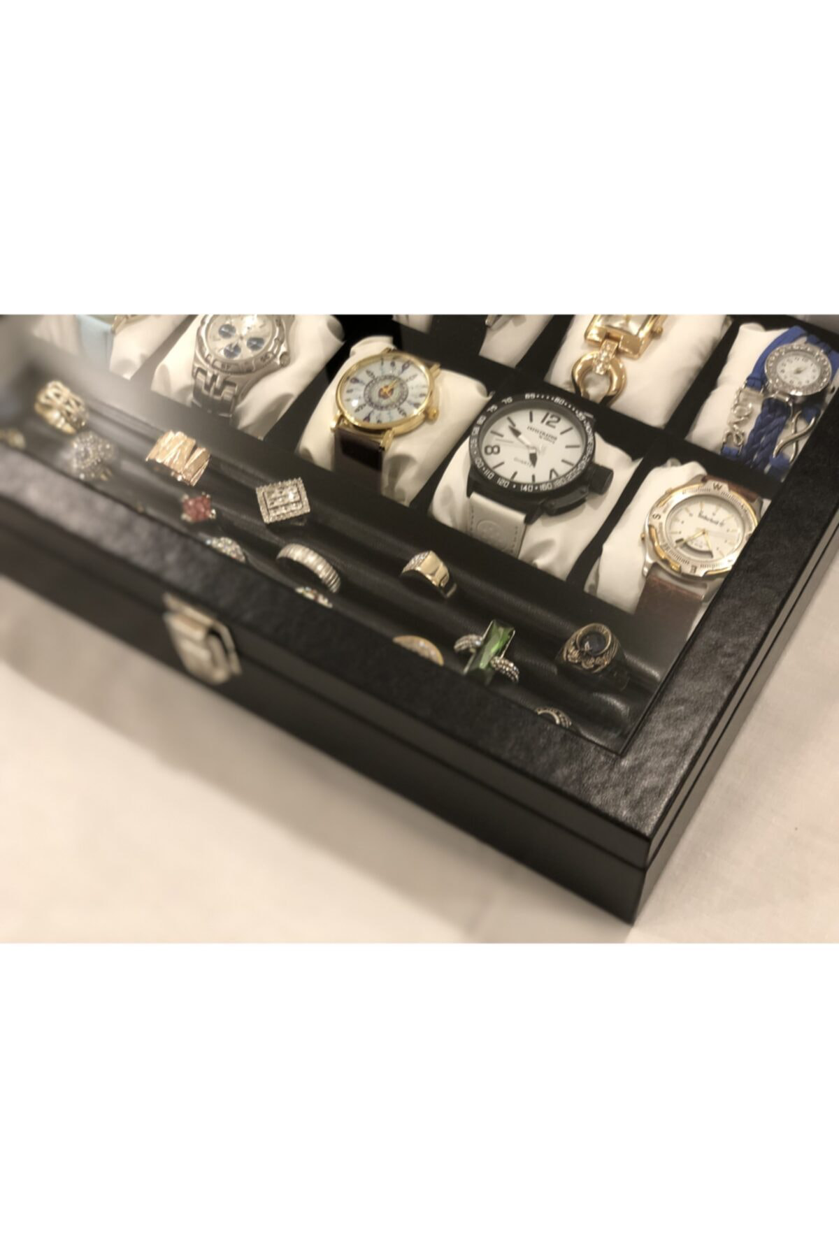 15 Bölmeli Deri Görünümlü Unisex Camlı Görsel Kol Saati Bileklik 