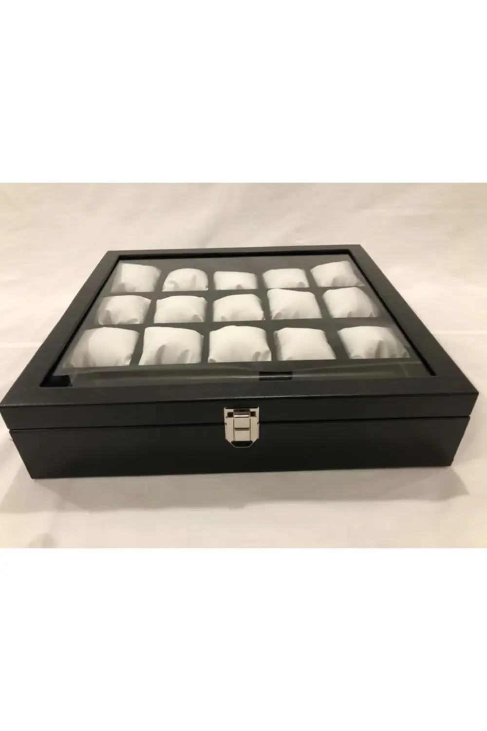 15 Bölmeli Deri Görünümlü Cam Kapklı Kol Saati Bileklik Kolye Yüz