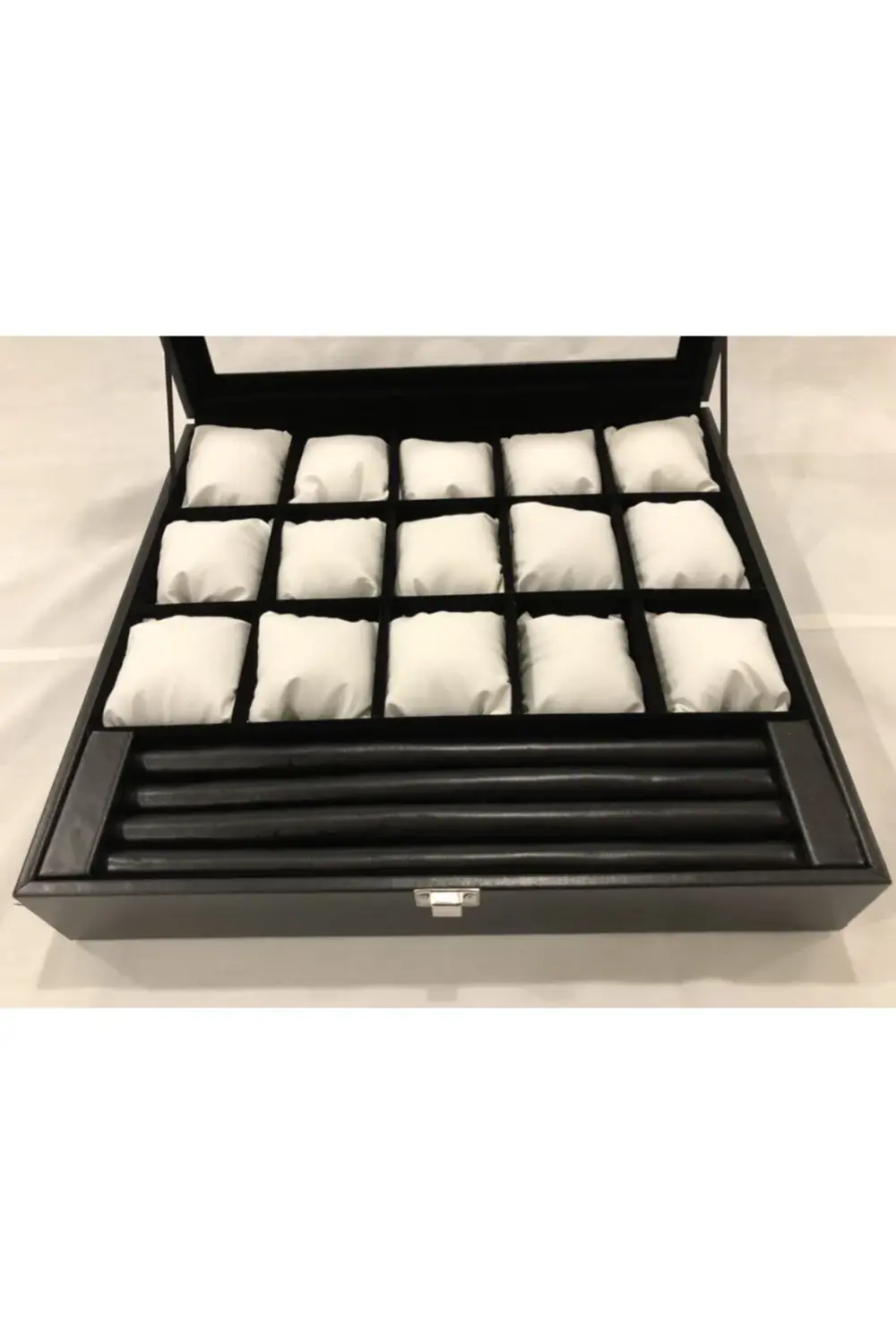 15 Bölmeli Deri Görünümlü Cam Kapklı Kol Saati Bileklik Kolye Yüz