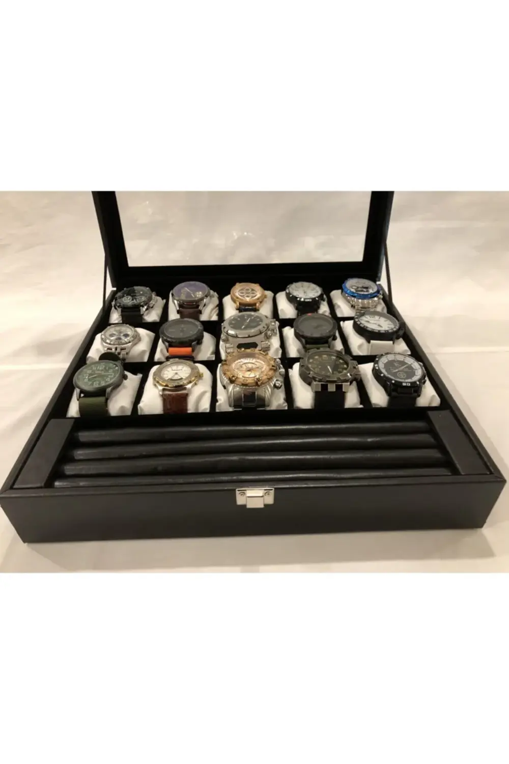 15 Bölmeli Deri Görünümlü Unisex Camlı Görsel Kol Saati Bileklik