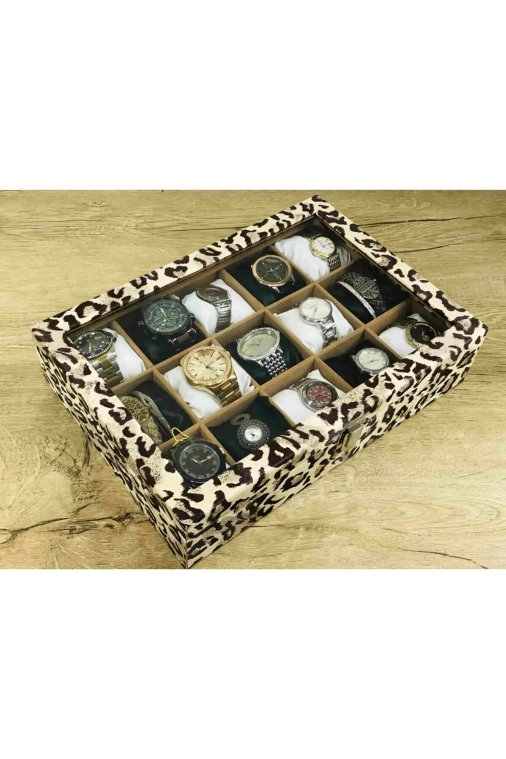 15 Büyük Boy Kol Saati Sığabilen Leopar Desenli Kaplama Saat Takı