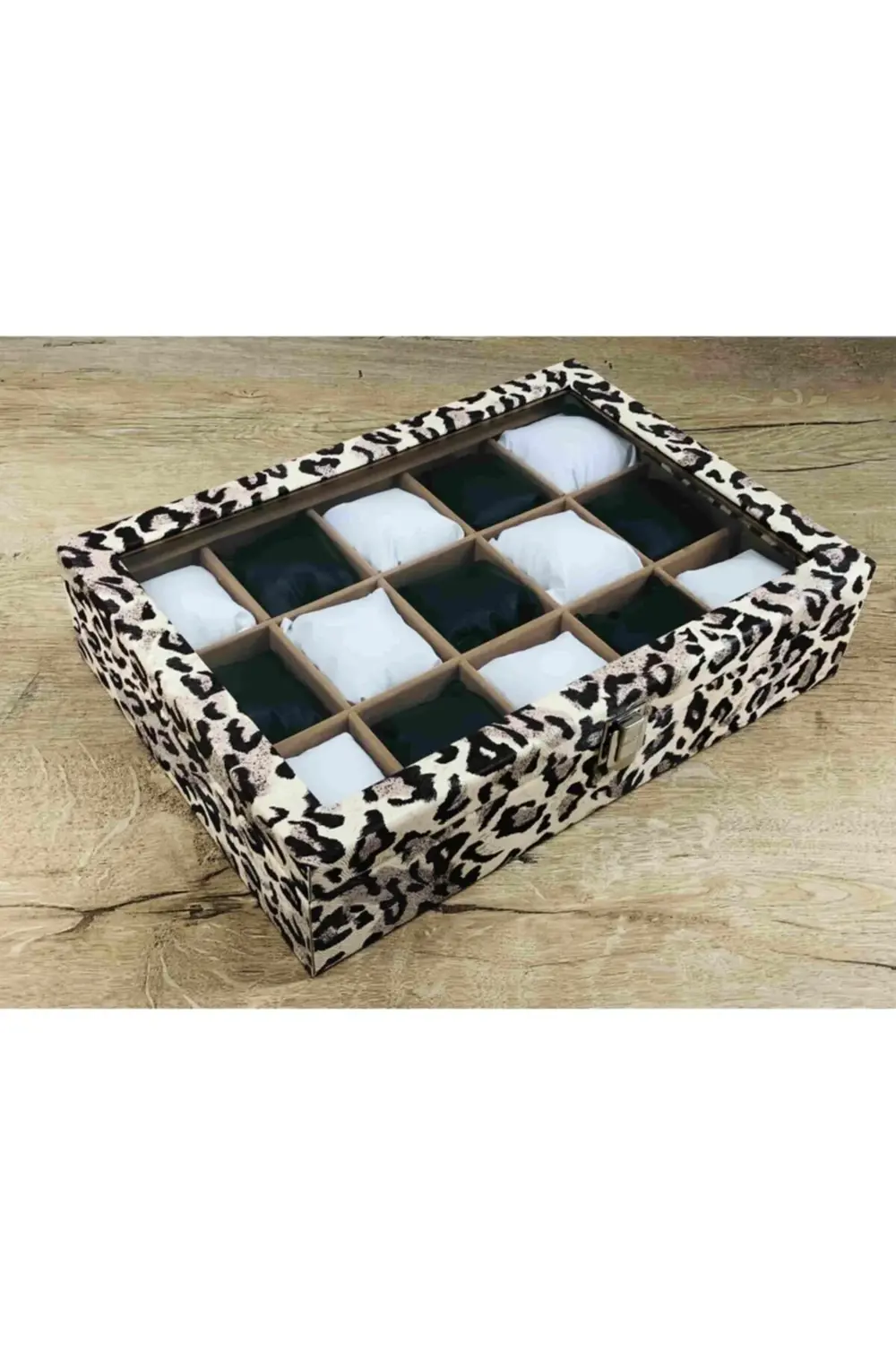 15 Büyük Boy Kol Saati Sığabilen Leopar Desenli Kaplama Saat Takı