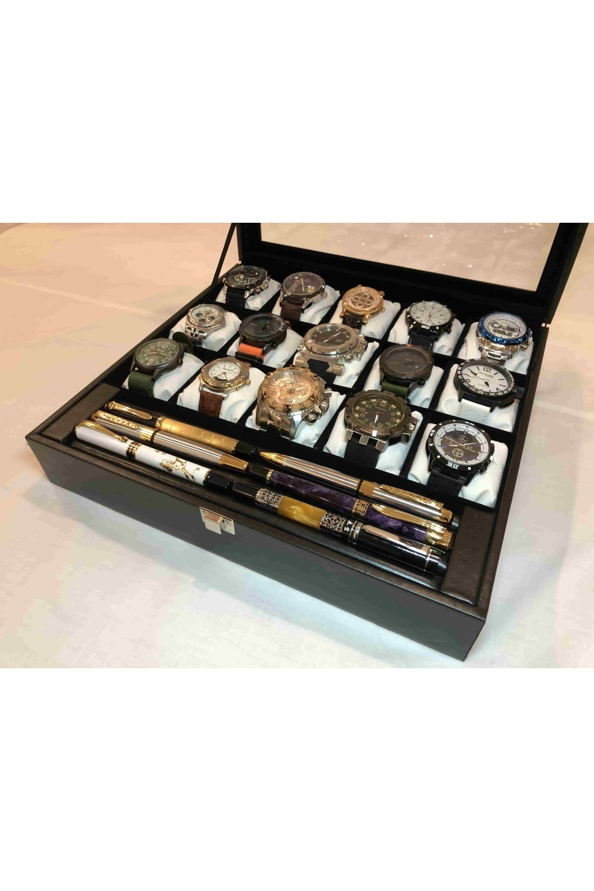 15 Gözlü Deri Saat Standı Ve Bileklik Kolye Takı Yüzük Küpe Sakla