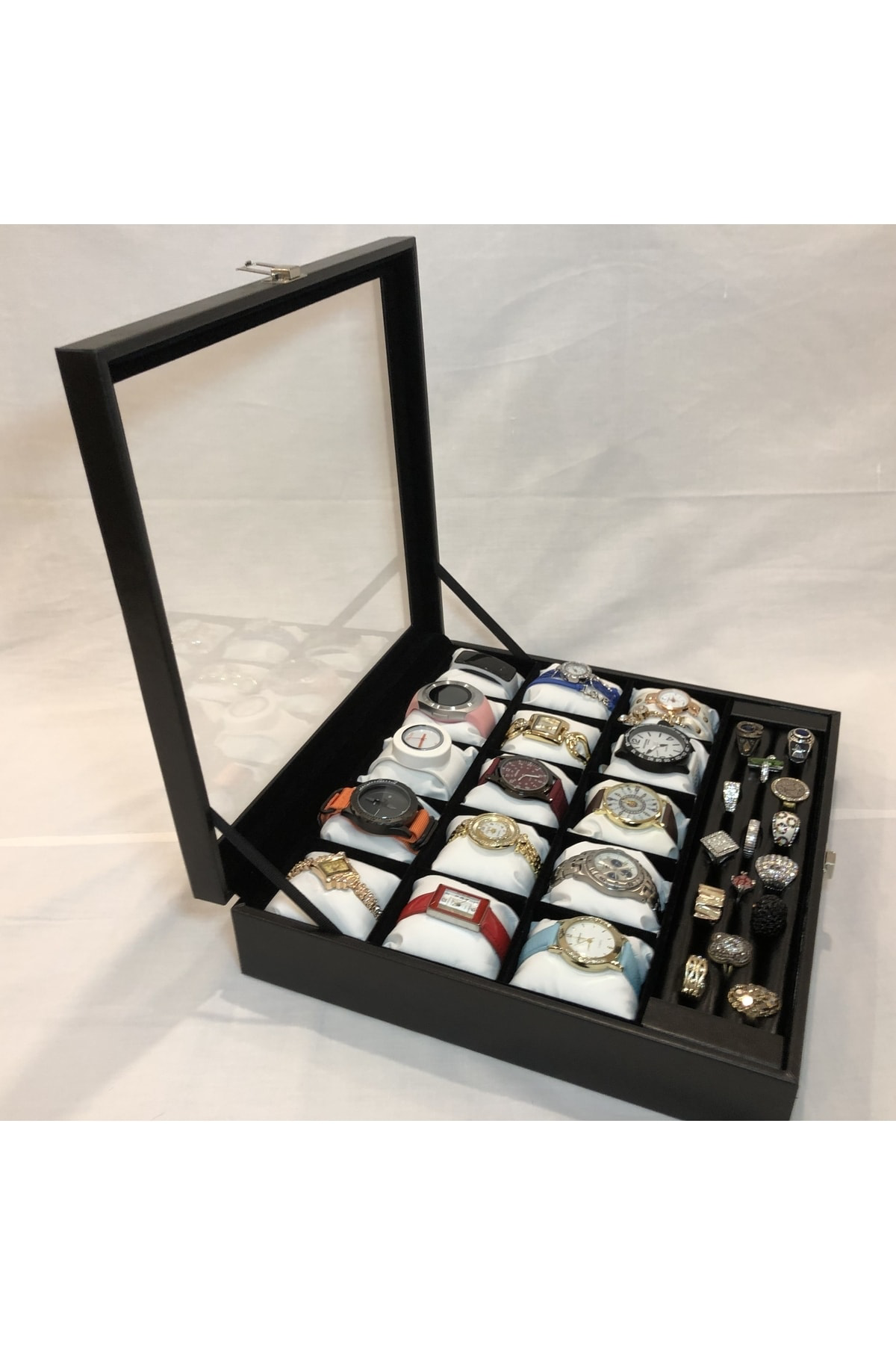 15 Gözlü Deri Saat Standı Ve Bileklik Kolye Takı Yüzük Küpe Sakla