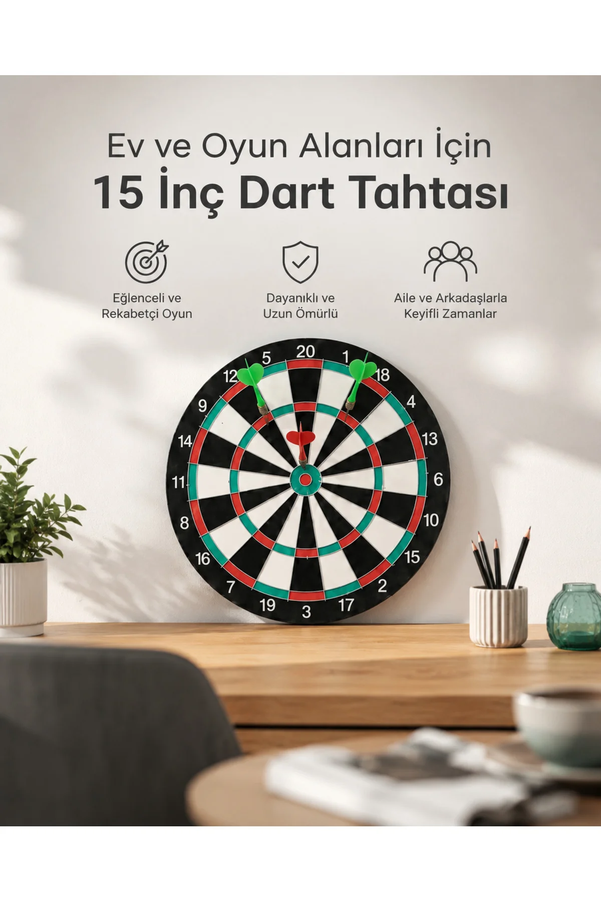 15 İnç Büyük Boy Dart Tahtası Ev Oyun Seti 4 Adet Metal Uç Oklu