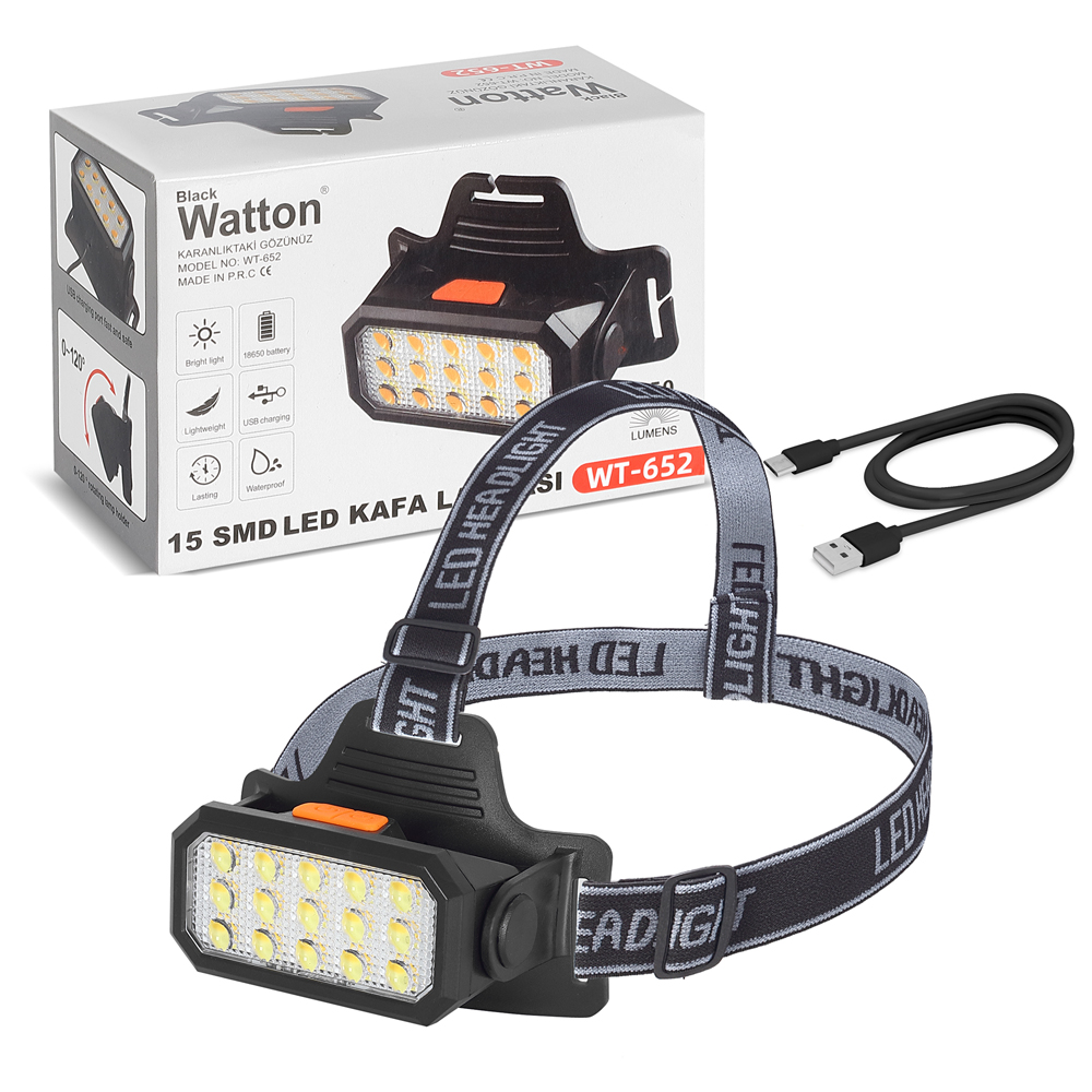15 Ledli Sarı / Beyaz Şarjlı Kafa Lambası Watton Wt-652 TdrTR
