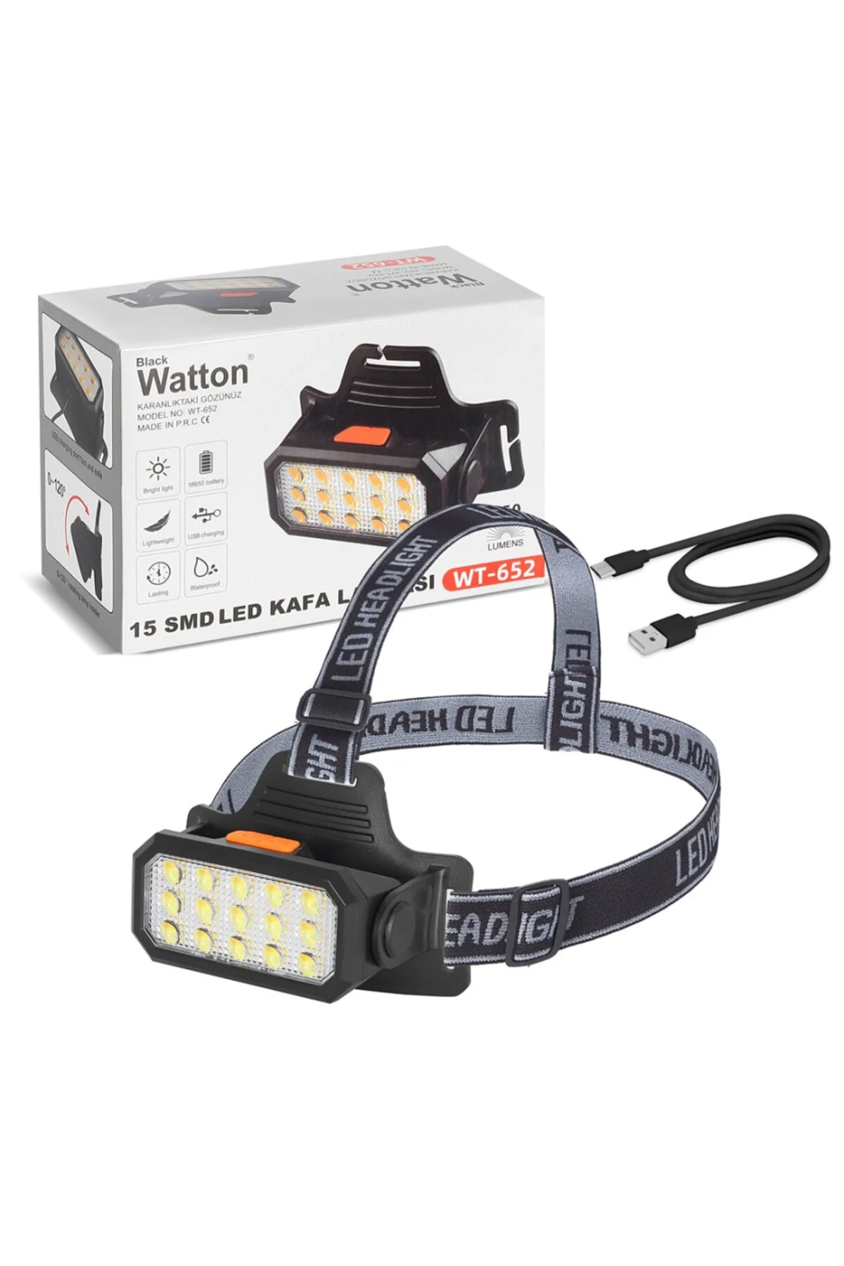 15 LEDLİ SARI / BEYAZ ŞARJLI KAFA LAMBASI WATTON WT-652