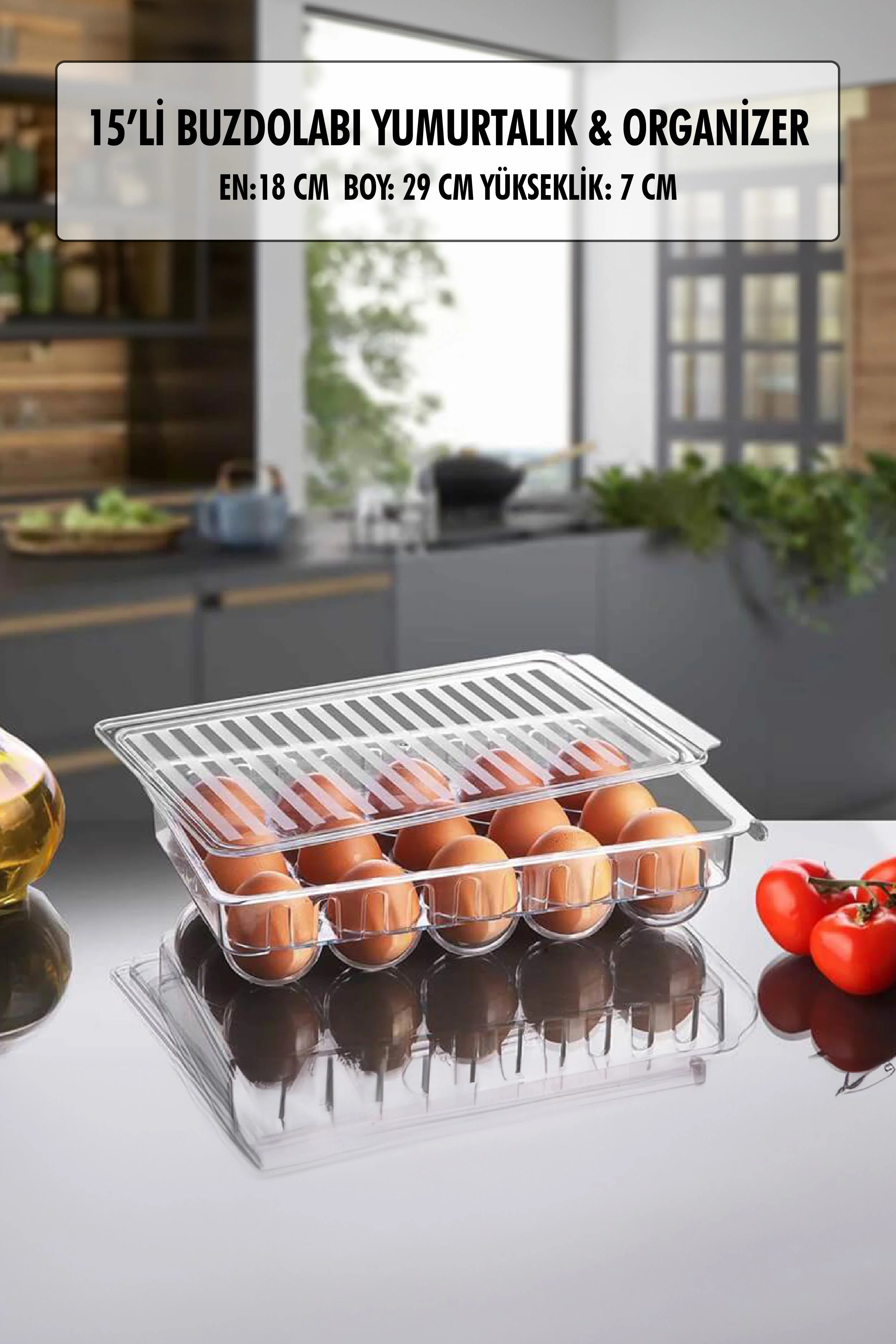 15 Li Kapaklı Yumurtalık & Buzdolabı Organizeri - Şeffaf Plastik Yumurta Saklama Kabı
