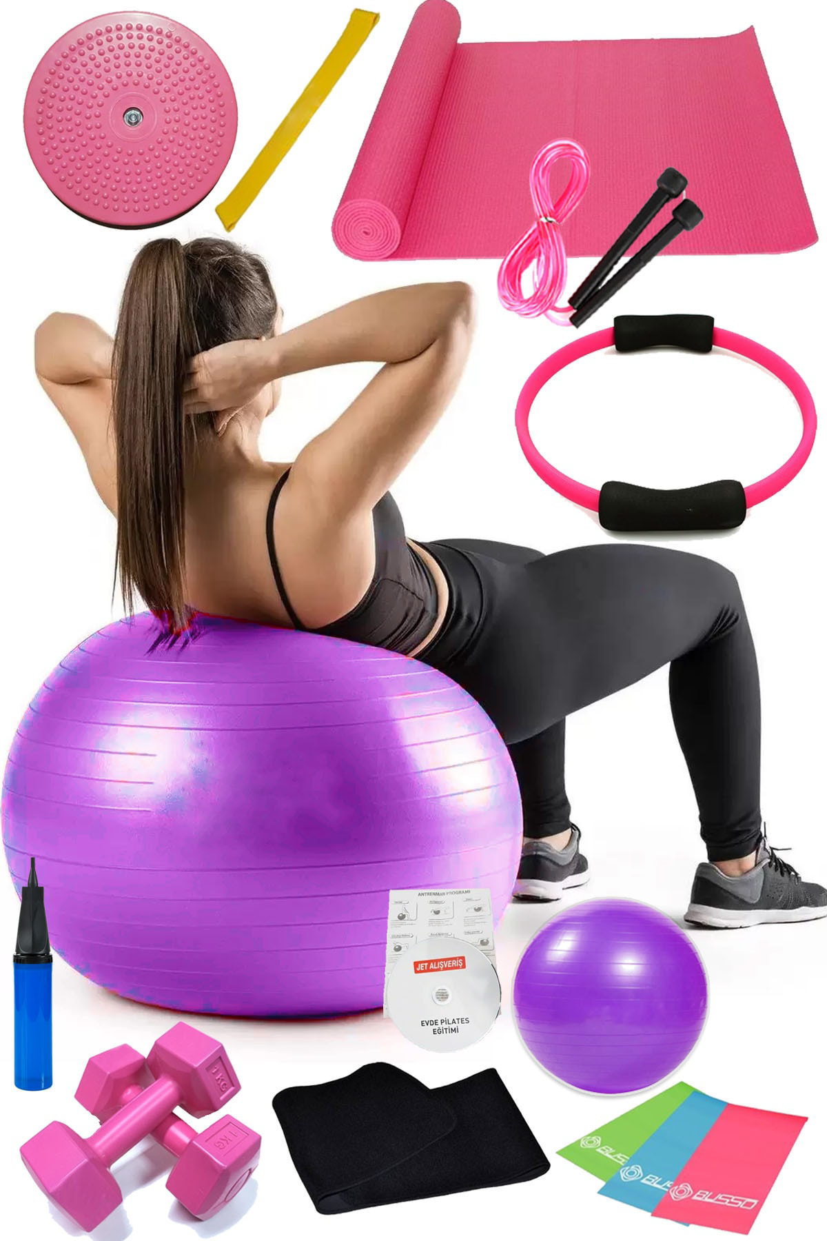 15 Li Pilates Seti Topu Pilates Bandı Dambıl Minder Atlama Ipi Tw