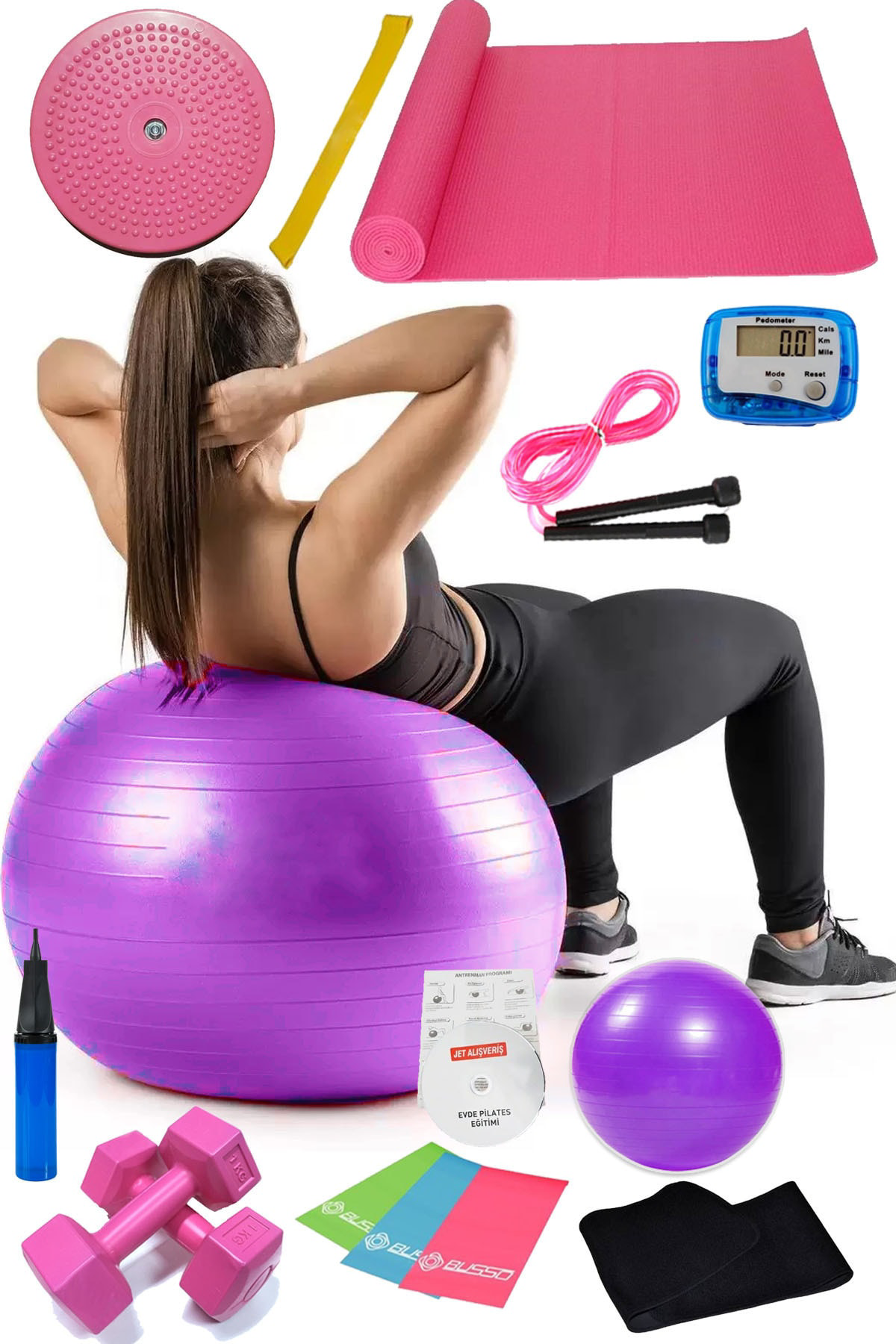 15 Li Pilates Seti Topu Pilates Bandı Dambıl Minder Atlama Ipi Tw