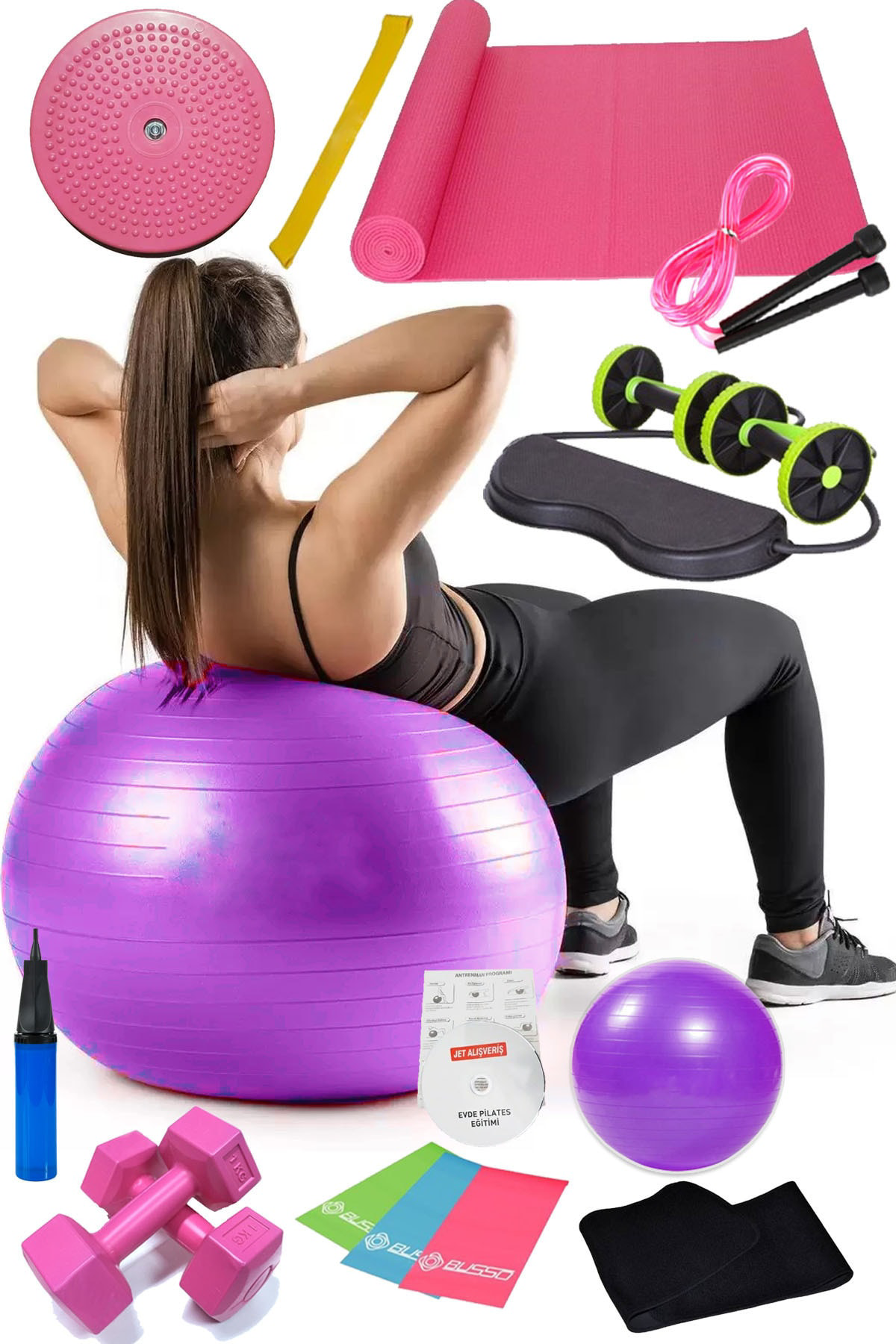 15 Li Pilates Seti Topu Pilates Bandı Dambıl Minder Atlama Ipi Tw