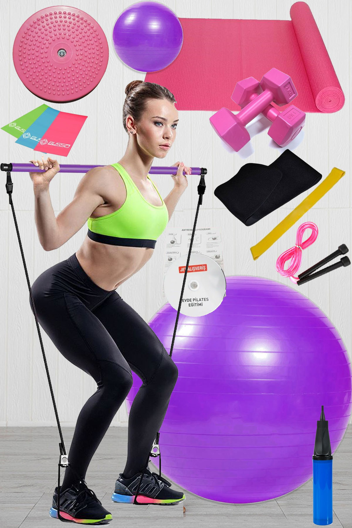 15 Li Pilates Seti Topu Pilates Bandı Dambıl Minder Atlama Ipi Tw