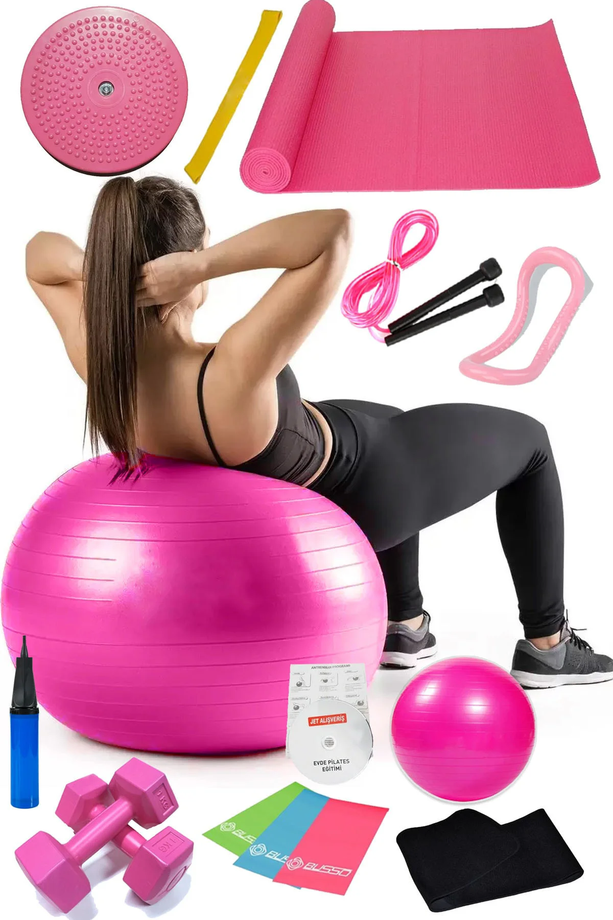 15 Li Pilates Seti Topu Pilates Bandı Dambıl Minder Atlama Ipi Tw