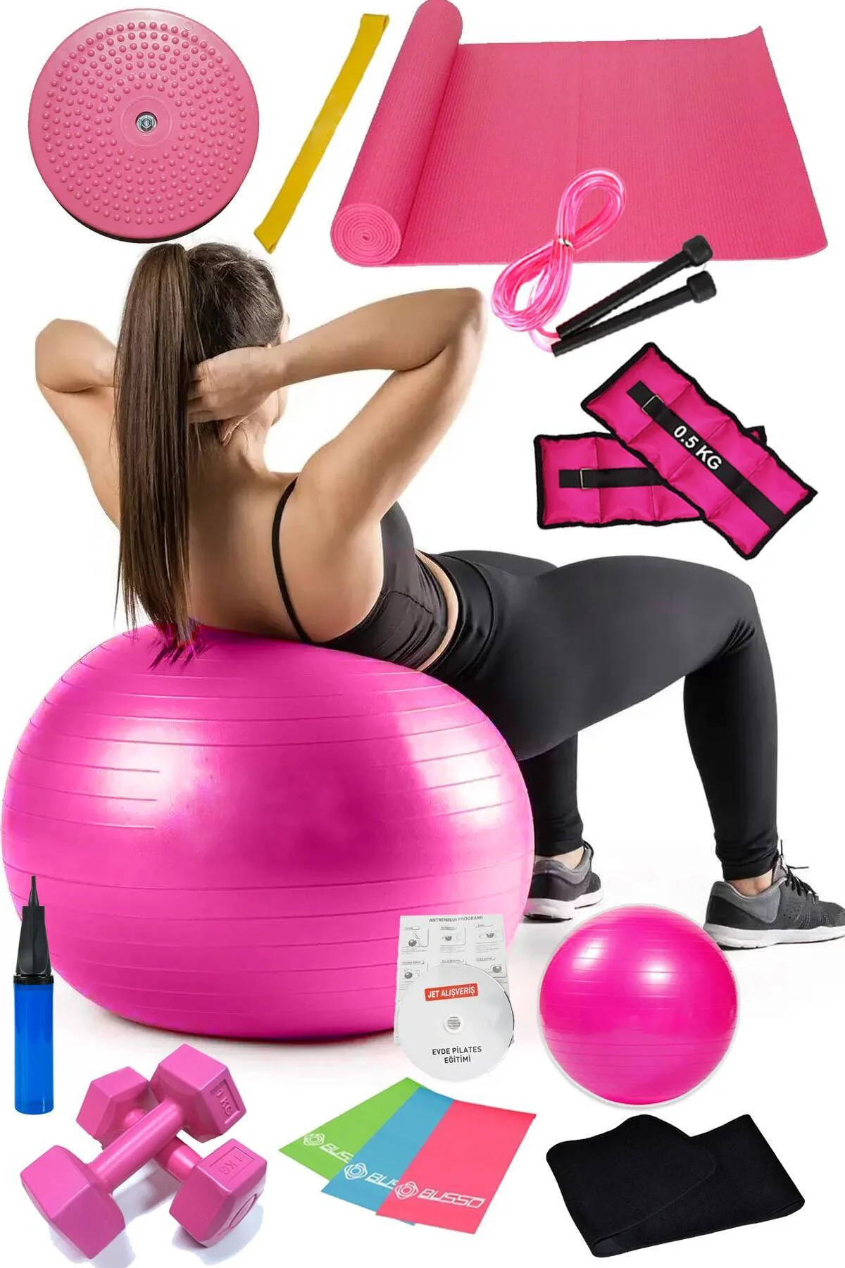 15 Li Pilates Seti Topu Pilates Bandı Dambıl Minder Atlama Ipi Tw