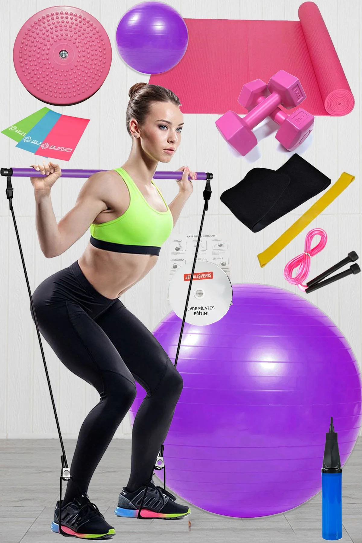 15 Li Pilates Seti Topu Pilates Bandı Dambıl Minder Atlama Ipi Tw