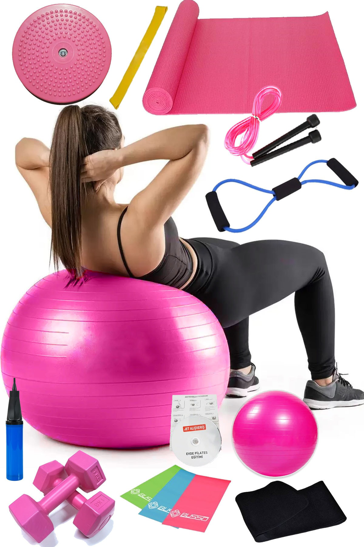 15 Li Pilates Seti Topu Pilates Bandı Dambıl Minder Atlama Ipi Tw