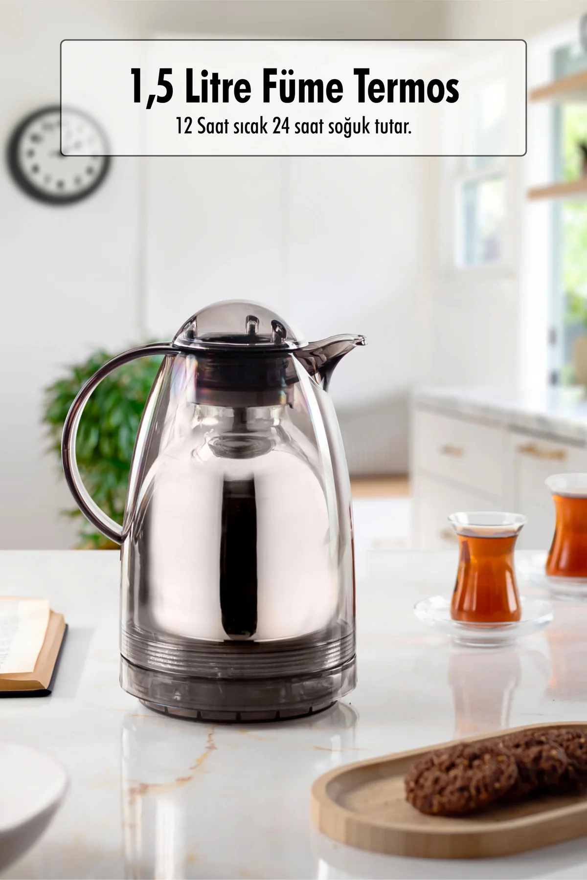 1.5 LT Isı Yalıtımlı Çay Ve Soğuk Su Termosu Füme (12 Saat Sıcak 
