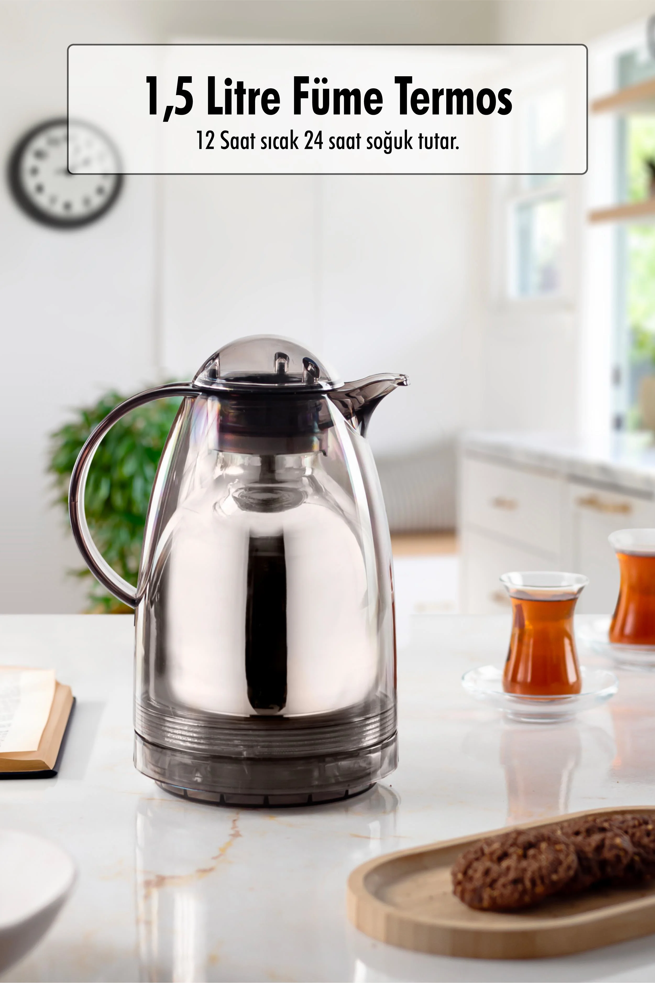 1.5 LT Isı Yalıtımlı Çay Ve Soğuk Su Termosu Füme (12 Saat Sıcak Tutar&amp; İçi Camdır)