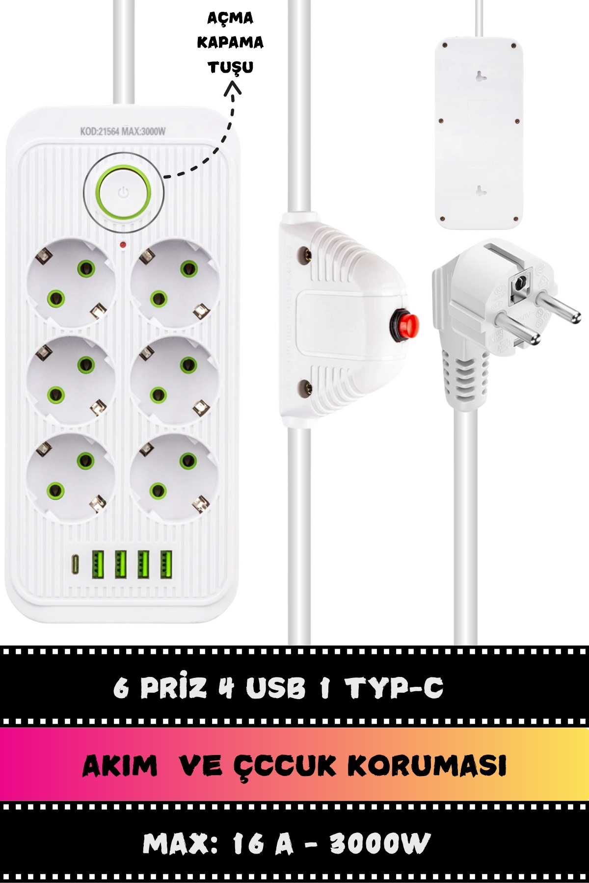 1.5 Metre Akım  Korumalı 6'lı Çoklu Priz, 4 x Usb + 1 x Type-c Kablo  Altılı Grup Priz