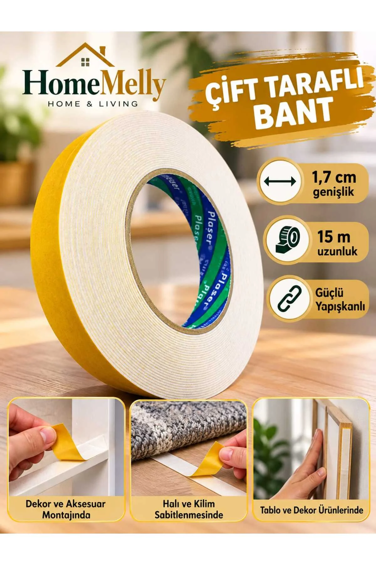 15 Metre Çift Taraflı Köpük Bant / 1,7cm Genişliğinde Çift Taraflı Beyaz Band