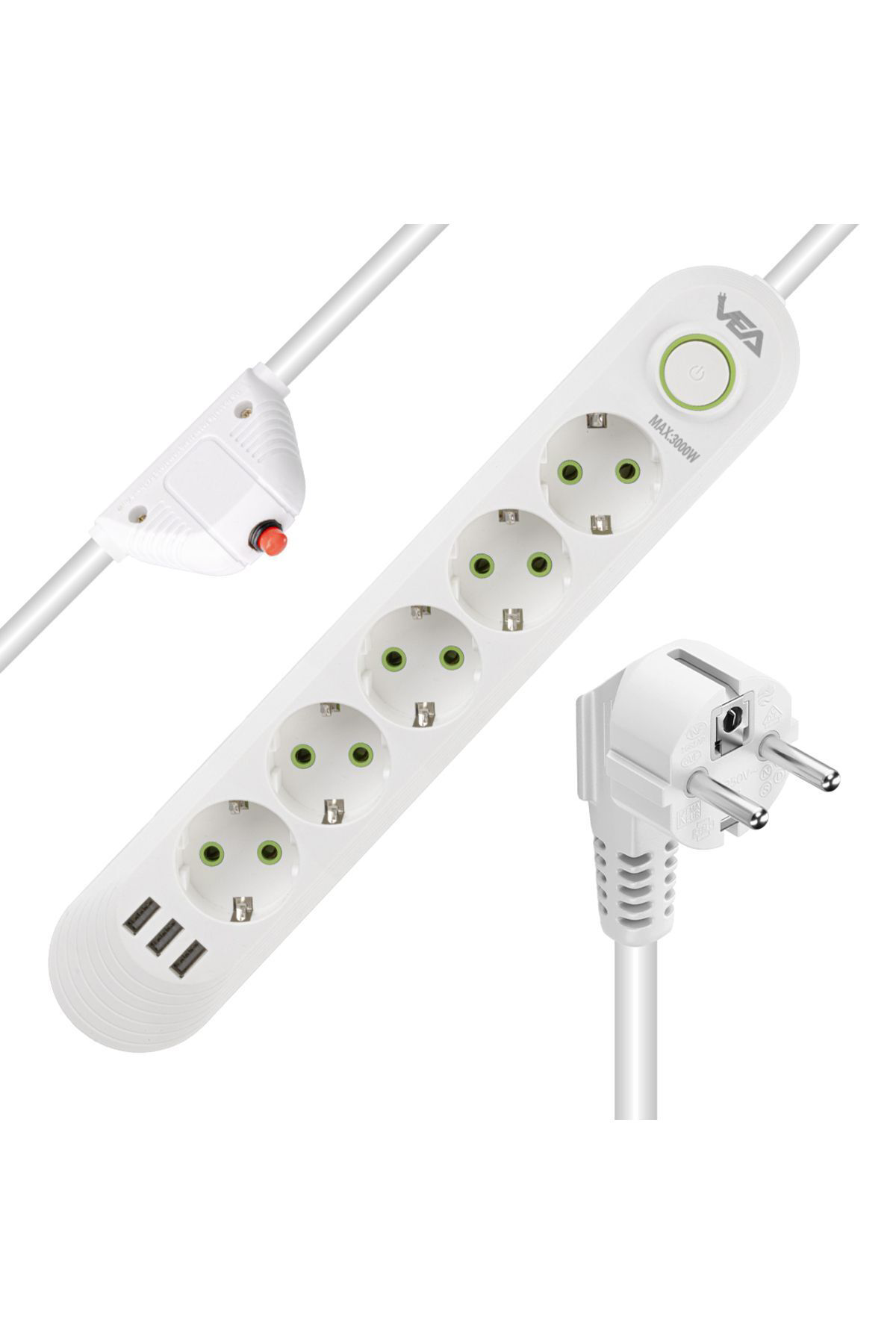 1.5 Metre Kablolu 3 Usb + 5 Topraklı Prizi Beyaz Akım Korumalı Çoklu Priz AXE4R-7H1