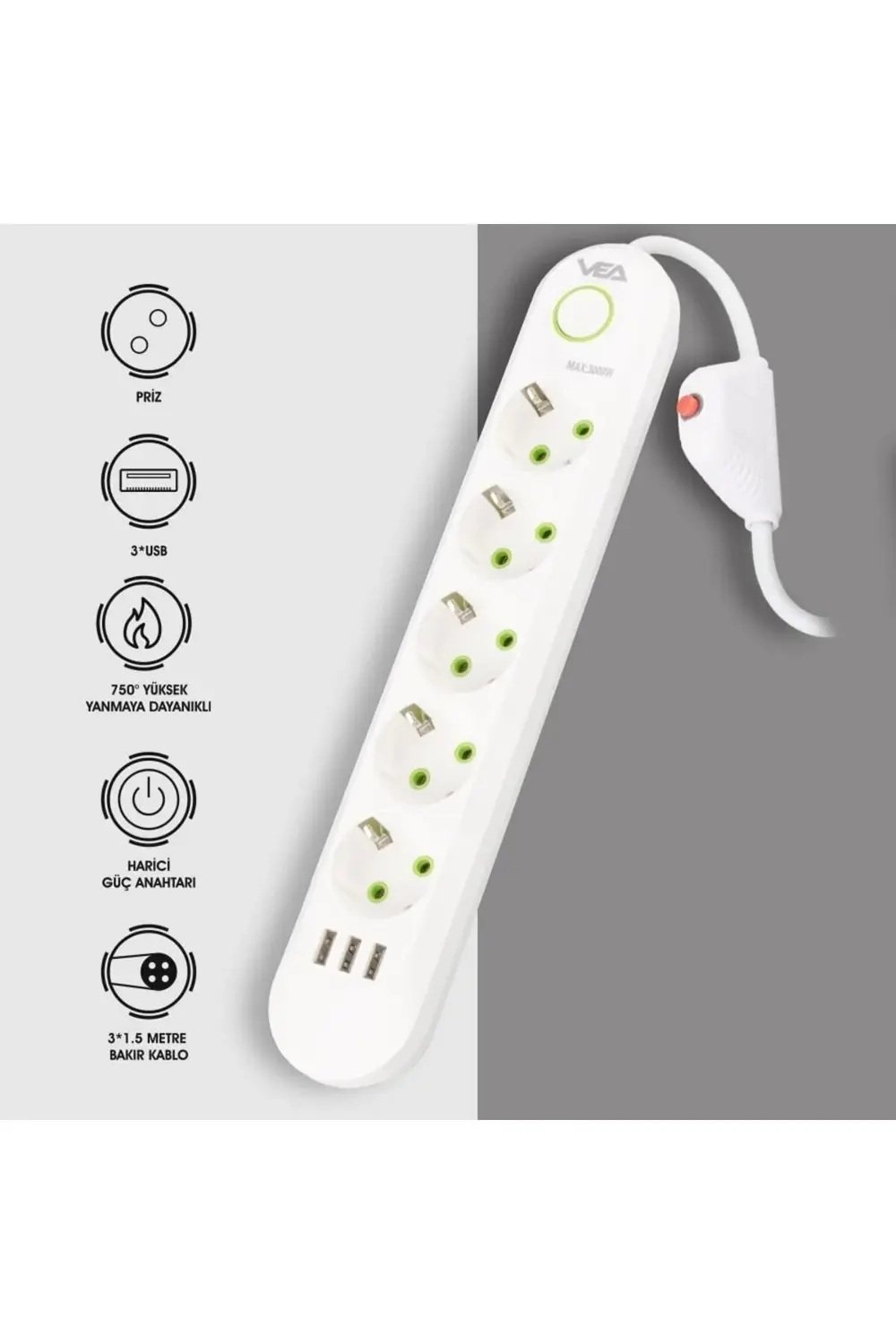 1.5 Metre Kablolu 3 Usb + 5 Topraklı Prizi Beyaz Akım Korumalı Ço 1.5 Metre Kablolu 3 Usb + 5 Topraklı Prizi Beyaz Akım Korumalı Ço