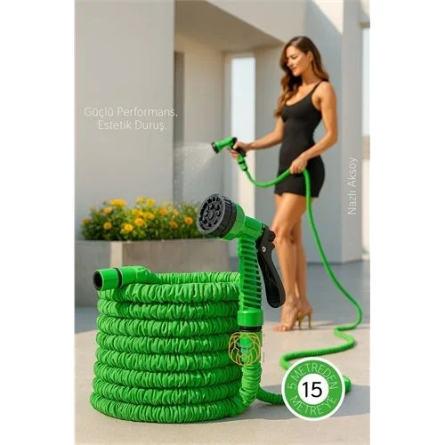 15 Metre Premium Uzayabilen Bahçe Hortumu - 7 Fonksiyonlu Başlık 