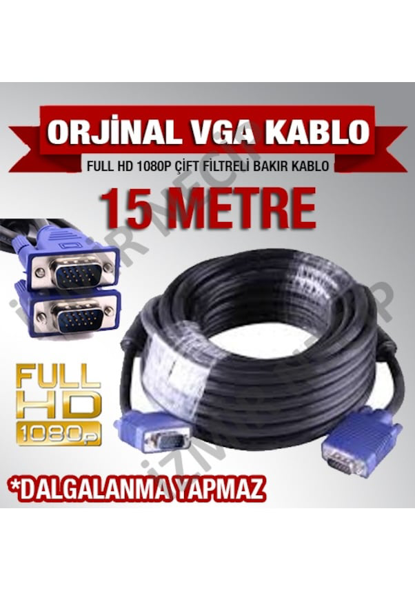 Herz 15 Metre Vga Mönitör Tv Projeksiyon Kablosu Kaliteli Çift Filtre