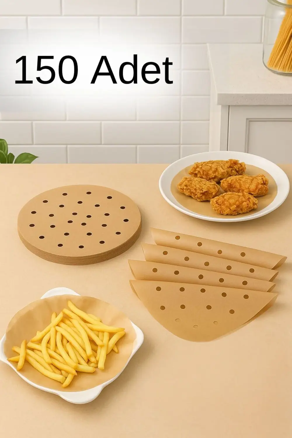 150 Adet (3 Paket × 50’li) Delikli Yuvarlak Yapışmaz Airfryer Yağ