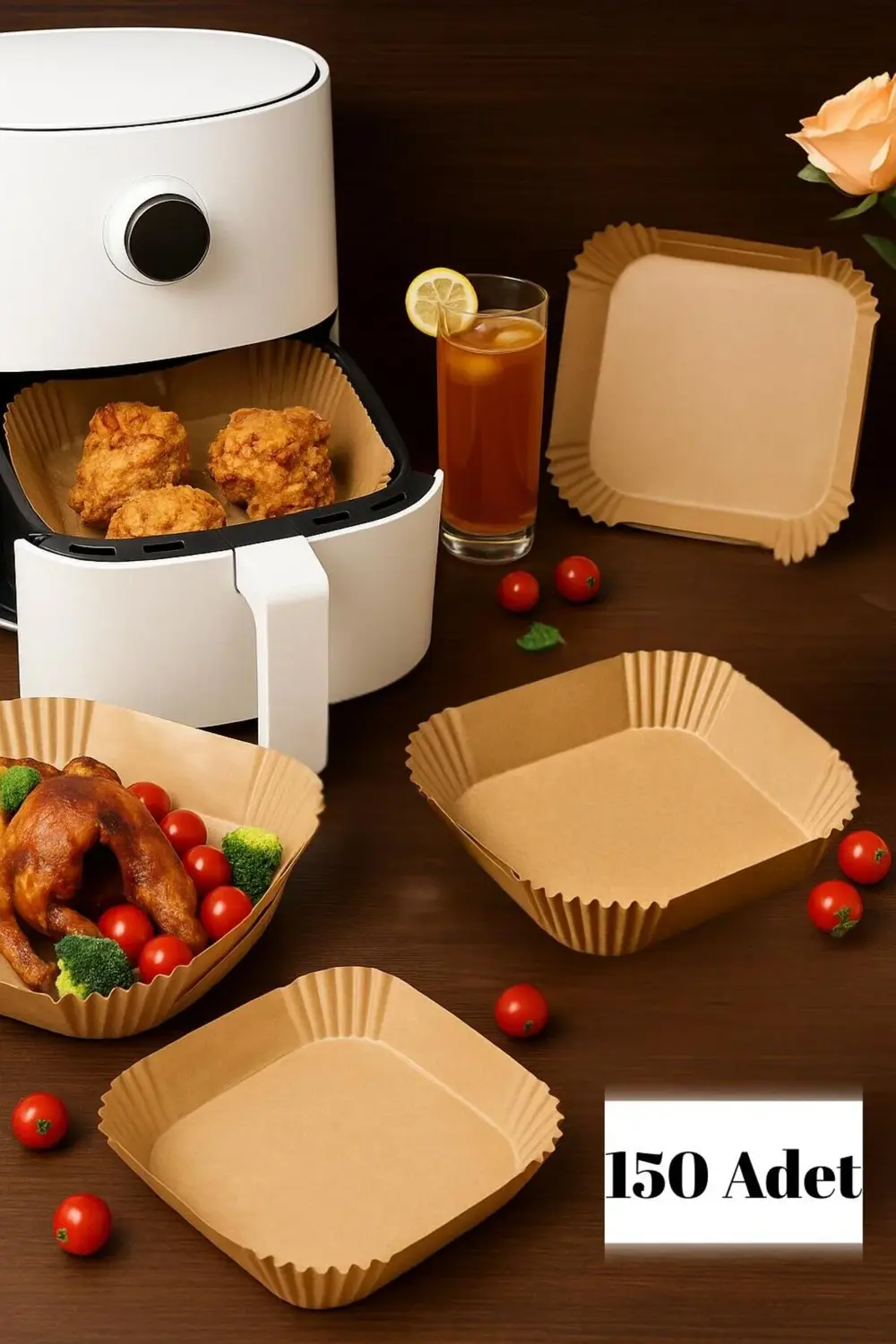 150 Adet Airfryer Yağ Geçirmez Pişirme Kağıdı – Kare Yağ ve Kir Ö