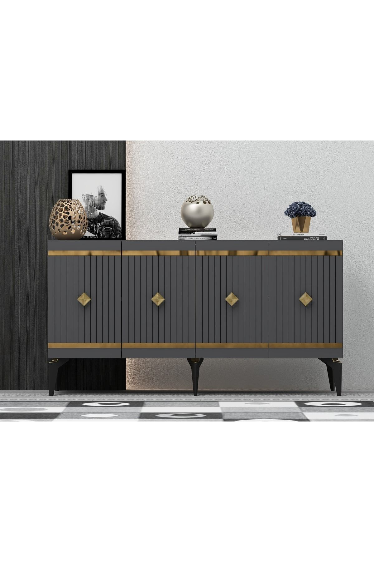 150 Cm Lenora Konsol Antrasit-altın