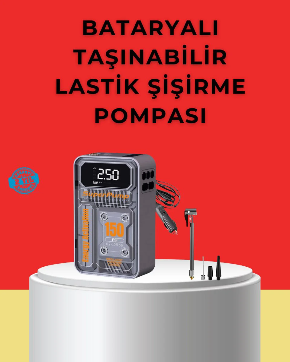 150 PSI Hızlı Şişirme Motorlu Taşınabilir Lastik Pompası - Araç ve Bisiklet İçin Dijital Ekranlı