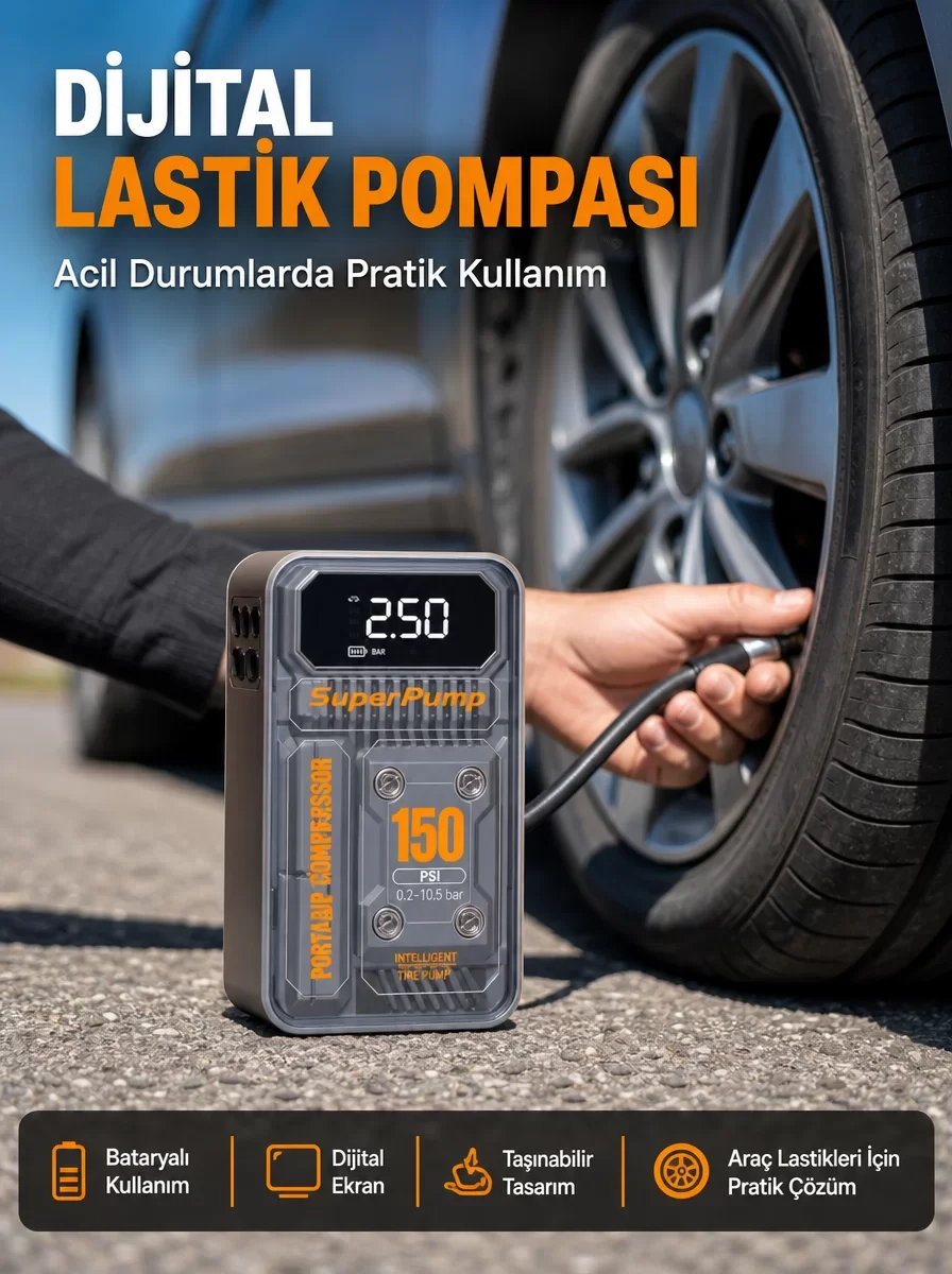 150 PSI Kablosuz Dijital Ekranlı Taşınabilir Araç Lastik Pompası
