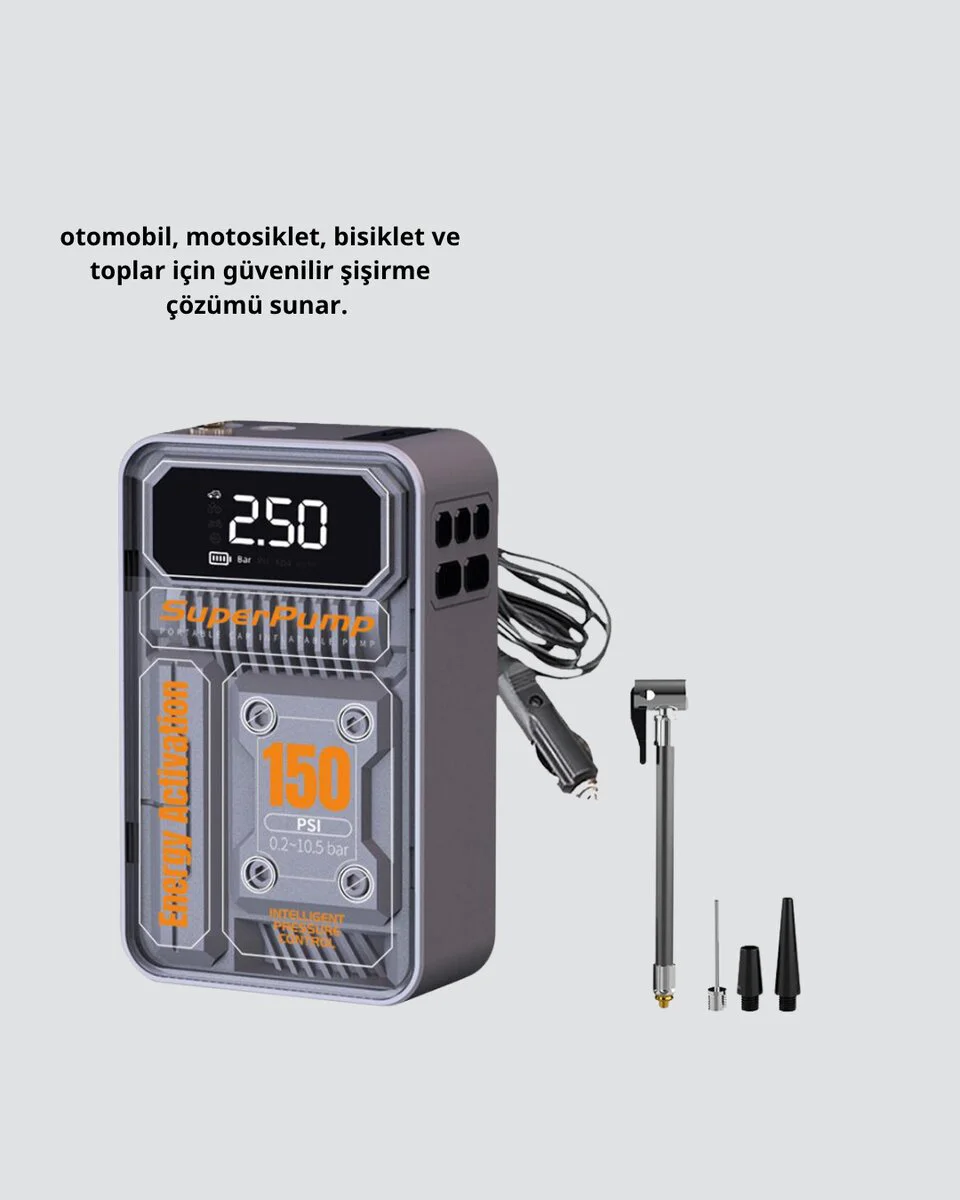 150 PSI Kablosuz Hava Pompası – LED Ekranlı, 6000mAh Bataryalı ve Otomatik Kapanma Özellikli Lastik Şişirici