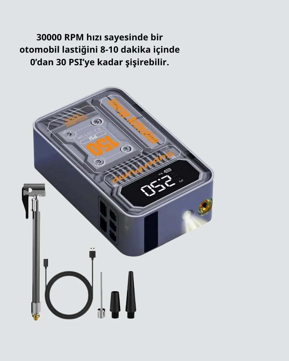 150 PSI Kablosuz Hava Pompası – LED Ekranlı, 6000mAh Bataryalı ve Otomatik Kapanma Özellikli Lastik Şişirici