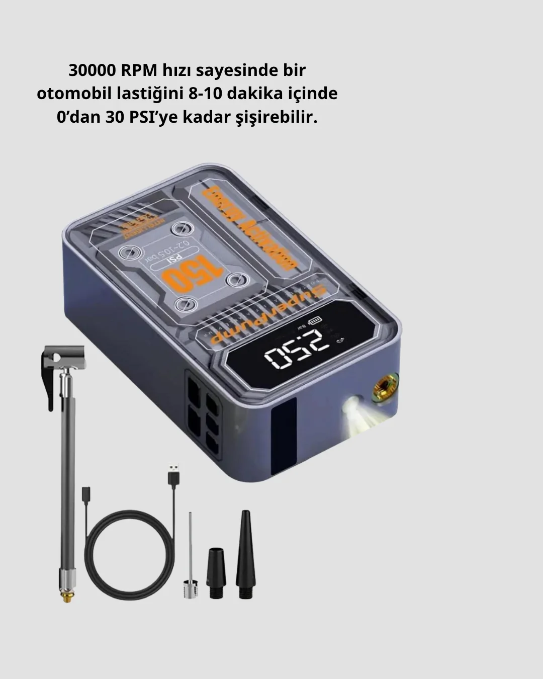 150 PSI Kablosuz Şarjlı Hava Pompası – LED Ekranlı ve Otomatik Kapanma Özellikli