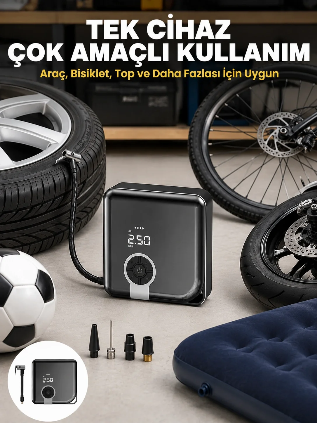 150 PSI Yüksek Basınç Kapasiteli Kablosuz Lastik Pompası Yeni Nes