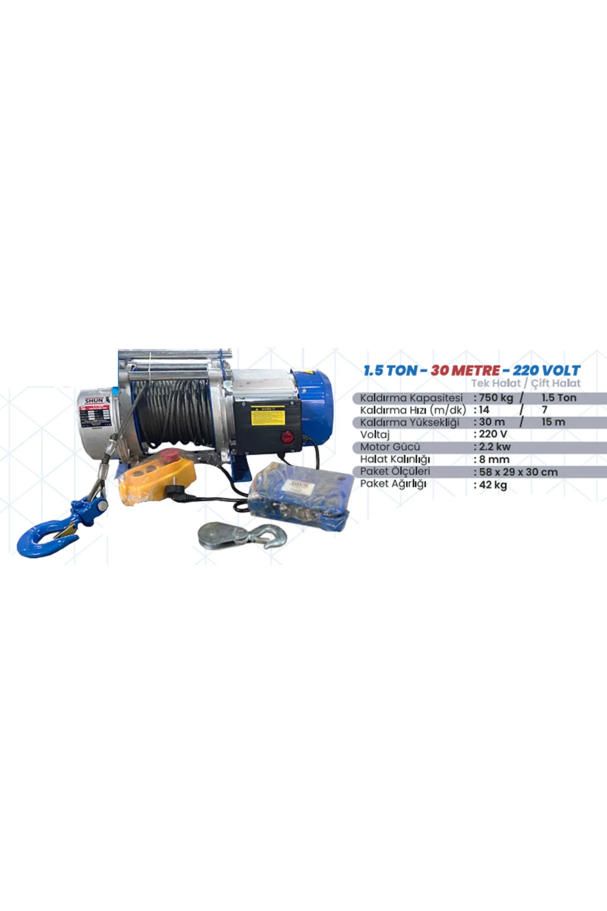 1500 Kg 220 Volt 30 Metre Profesyonel Halatlı Vinç