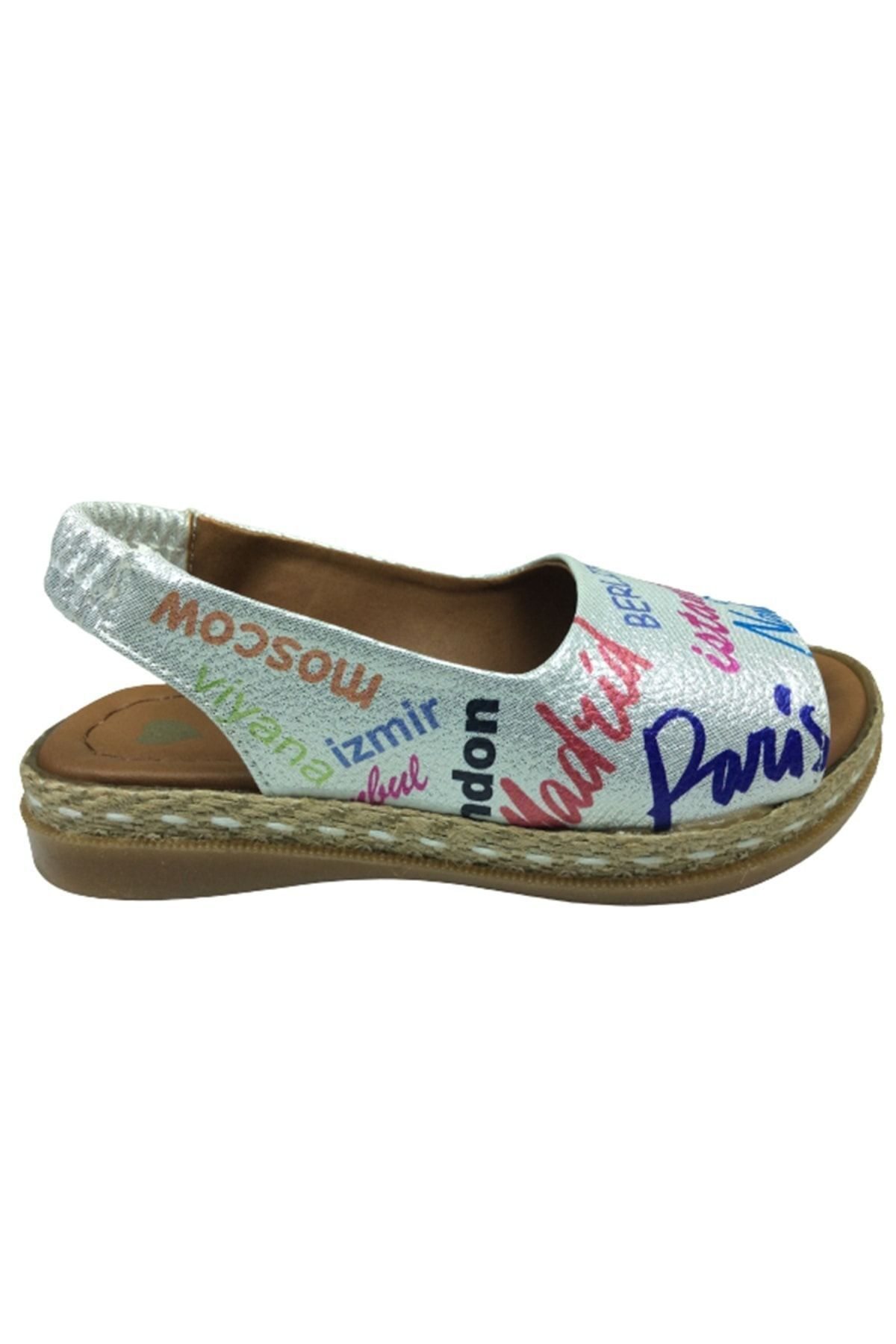 1506 (PLM) Patik Kız Sandalet Gümüş Baskı Desenli Yazılı Arkası L