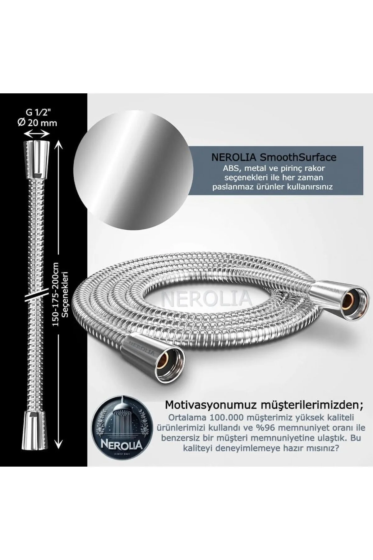 - 150cm Paslanmaz Çelik Gövdeli Duş Spiral Hortumu (ABS Rakorlu)
