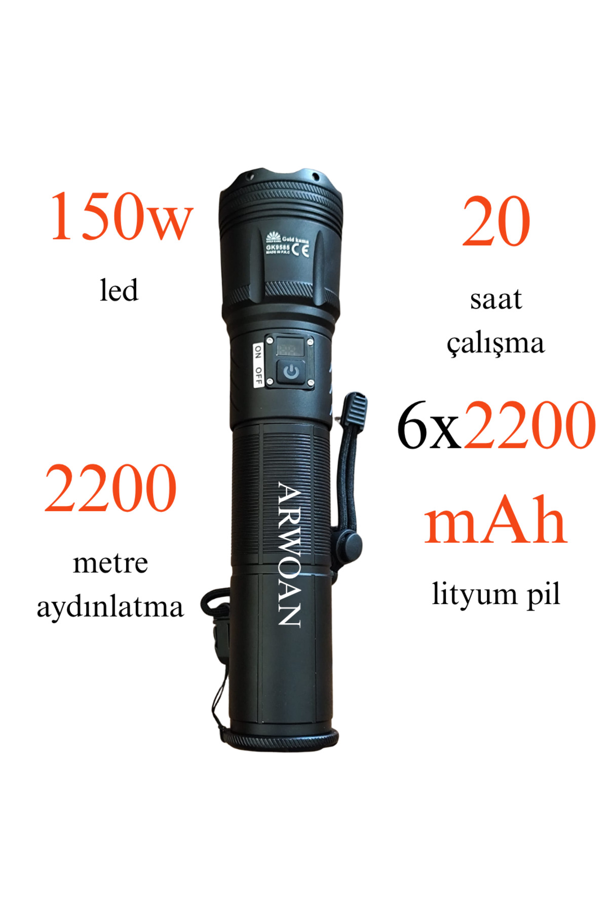 150W Şarjlı LED El Feneri – 2200 Metre Aydınlatma, 20 Saat Çalışm