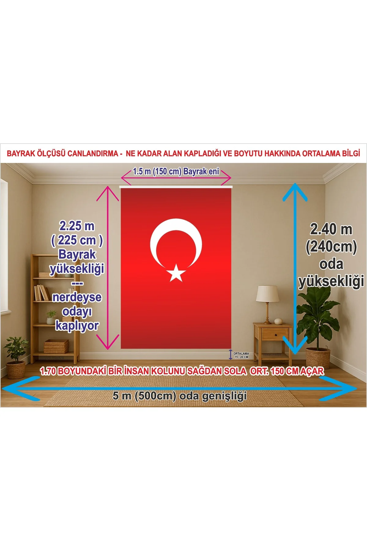150x225 Cm Kumaş Türk Bayrağı - Oda Duvarını Boyut Olarak Boydan 