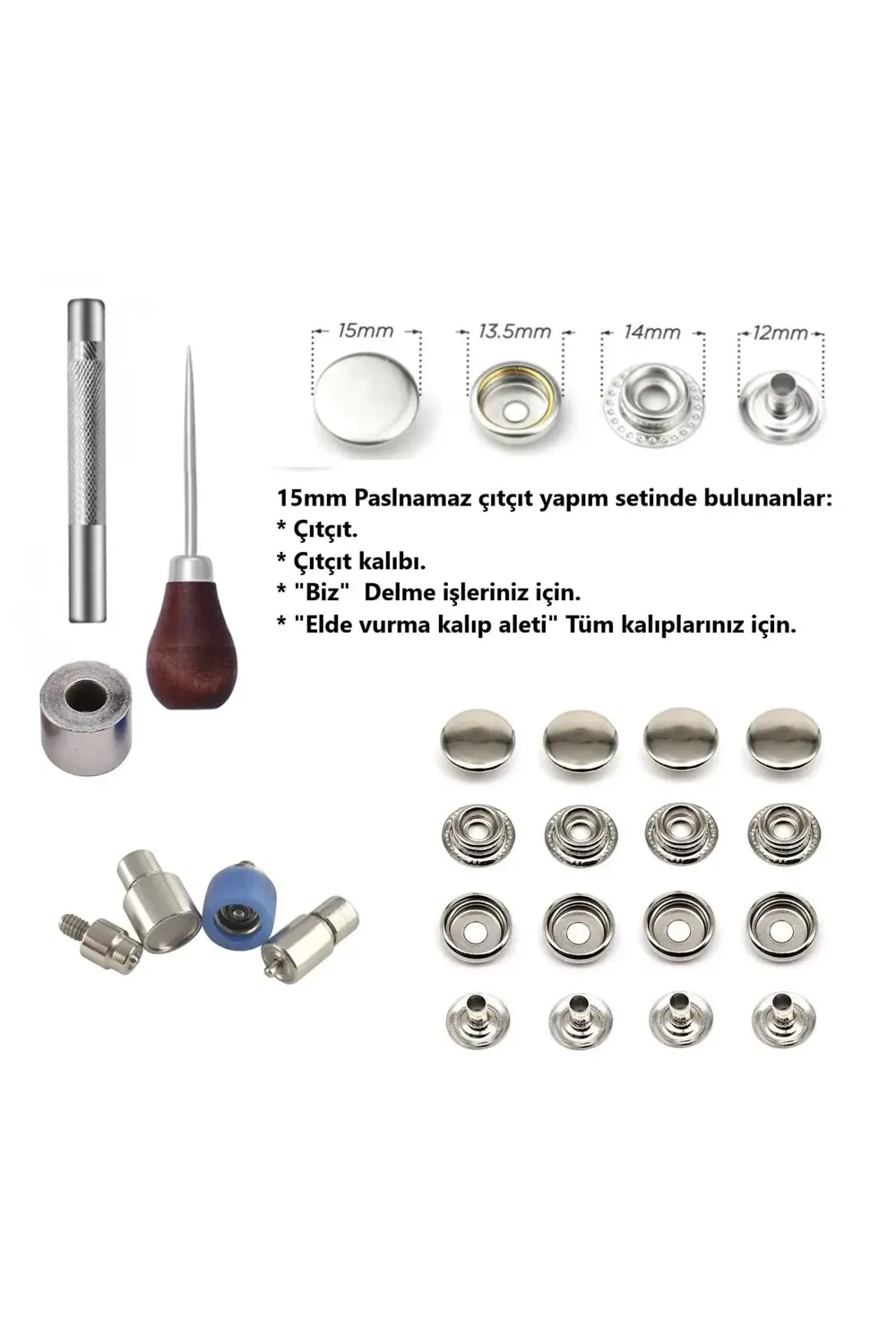 15mm Paslanmaz Çıtçıt Yapım Seti - Aparatlar, Biz Ve 50 Adet Pasl