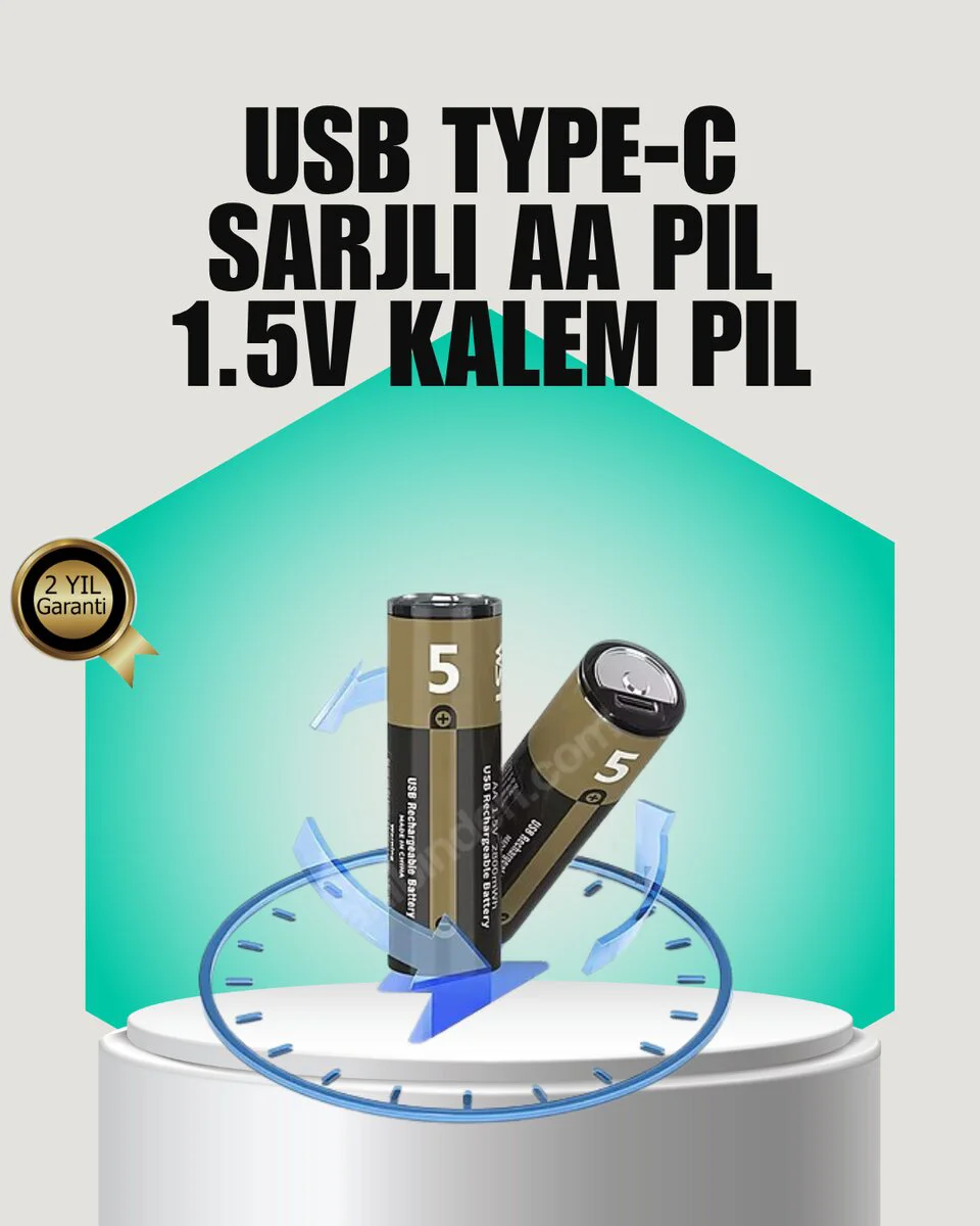 1.5V AA Şarjlı Lityum Pil - 2 Adet | Hızlı Type-C Şarj ve 1000+ Döngü