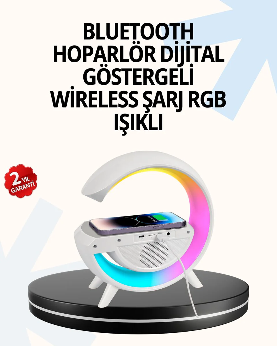15W Hızlı Şarj Destekli LED Atmosfer Işığı ve Alarm Fonksiyonlu Lamba - Kablosuz Şarj, 13 Renk & Beyaz Gürültü Modu