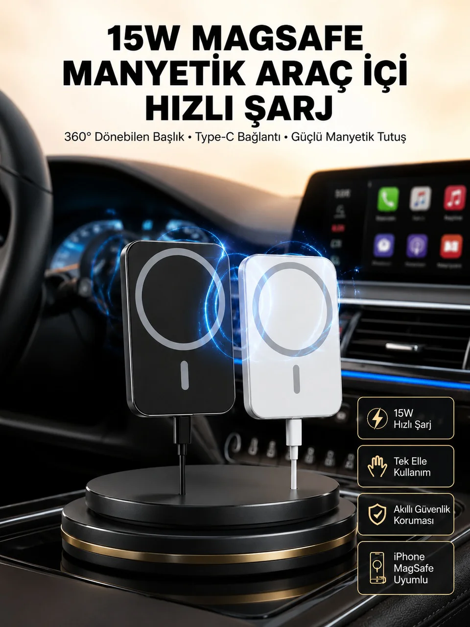 15w Kablosuz Şarj Destekli Magsafe Araç Tutucu Havalandırma Klipsli - Lisinya Diğer