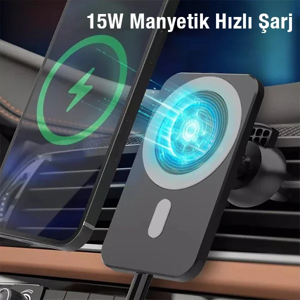 15W Magsafe Araç İçi Telefon Tutucu - Kablosuz Hızlı Şarjlı Manyetik Klik