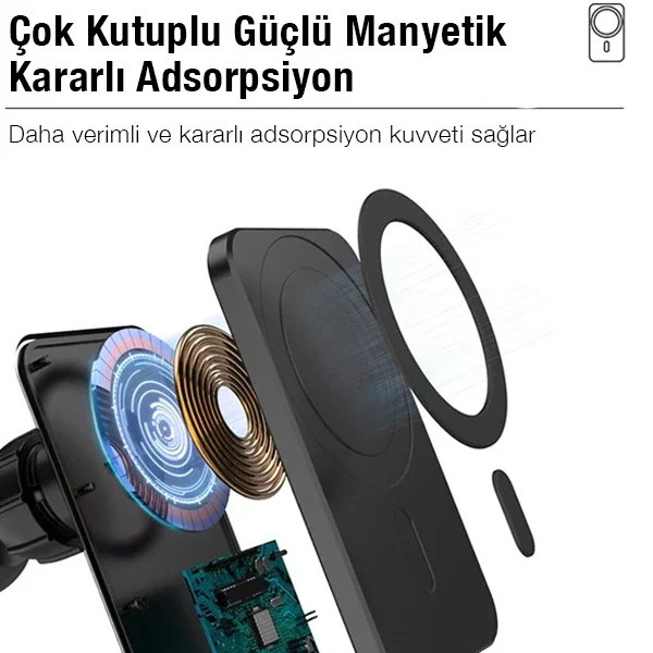 15W Magsafe Araç İçi Telefon Tutucu - Kablosuz Hızlı Şarjlı Manyetik Klik