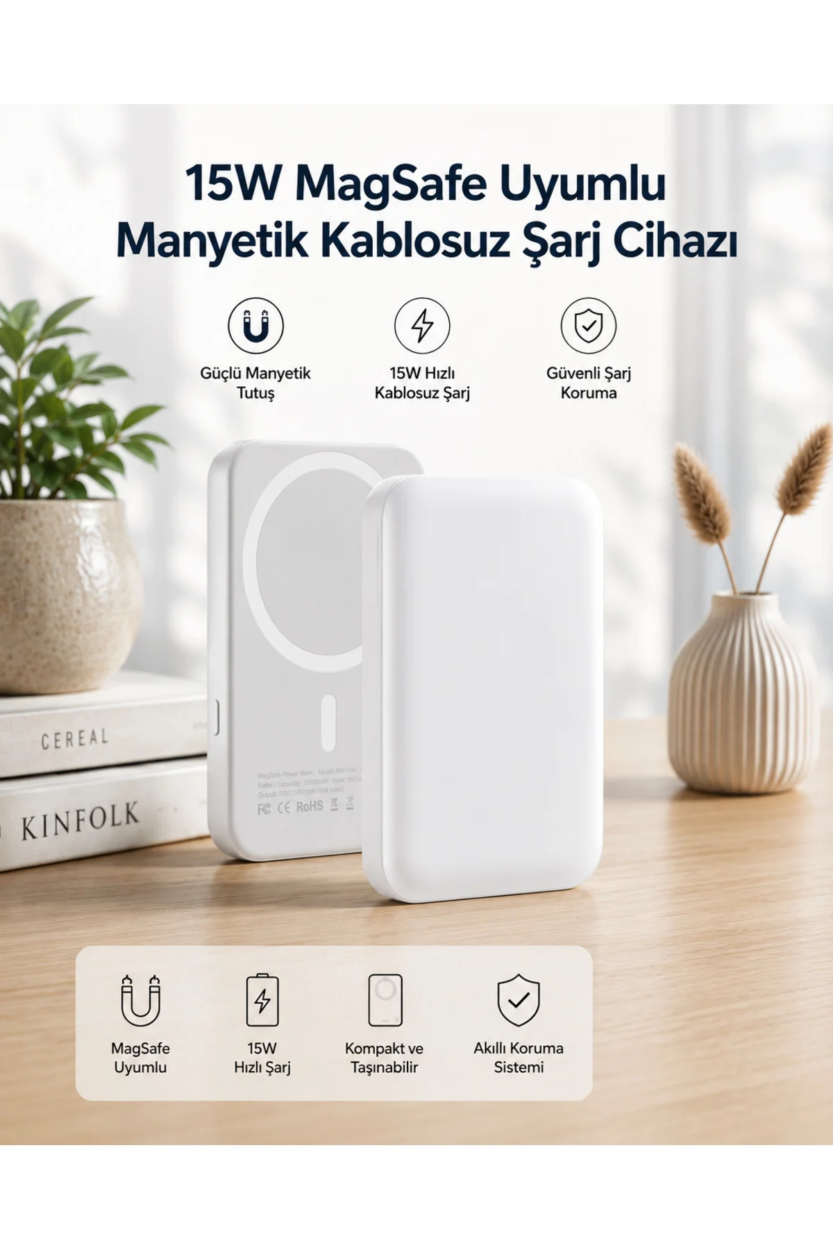 15W MagSafe Uyumlu Manyetik Kablosuz Powerbank 5000 mAh